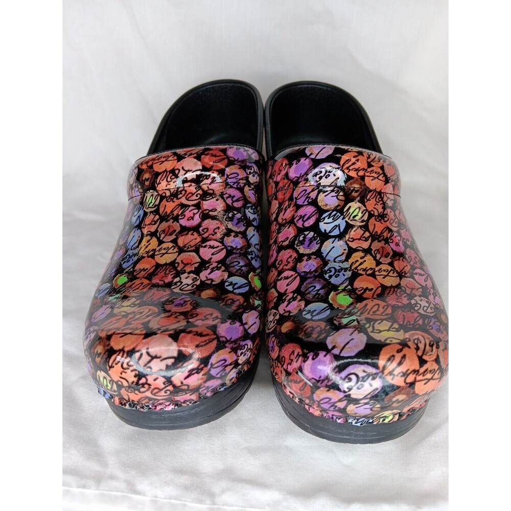 Dansko  Clogs Size 38 (7.5 US) Viola Multicolor Dot/Cursive Slip On Nurse EUC - Picture 2 of 8